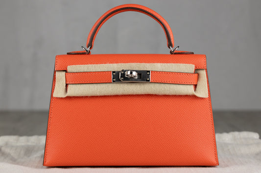 Hermès K20 Mini Kelly II 20 Sellier Bag in Orange Field Epsom Leather with Palladium Hardware W Stamp