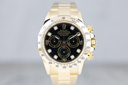 Rolex 116508 Daytona Chronograph Yellow Gold Black Diamond Dial