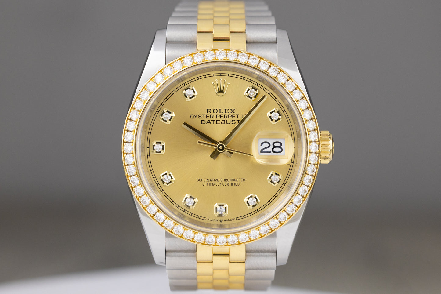 Rolex 126233 Datejust 36 Yellow Gold & Stainless Steel Jubilee Bracelet Diamond Bezel Champagne Diamond Dial