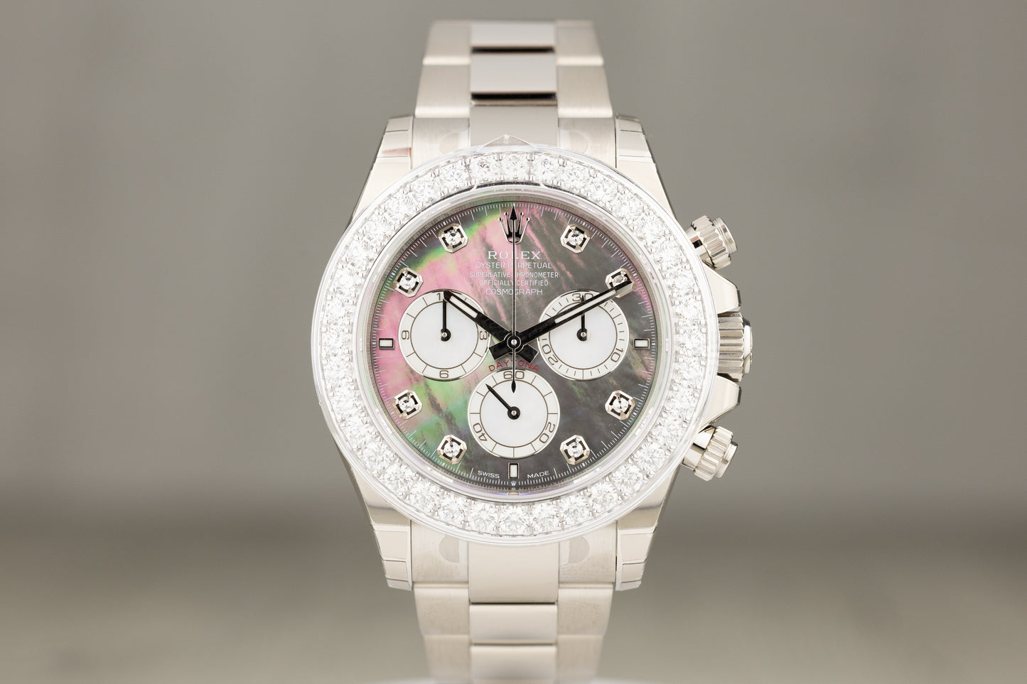 Rolex 126579RBR Daytona White Gold Diamond Bezel Black Mother Of Pearl Diamond Dial