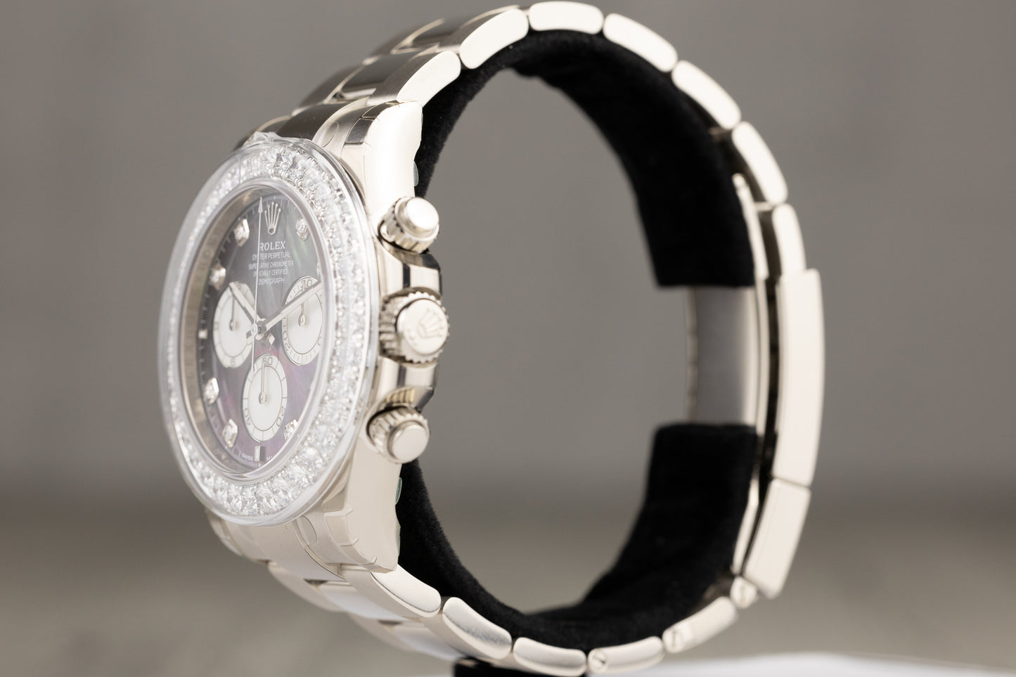 Rolex 126579RBR Daytona White Gold Diamond Bezel Black Mother Of Pearl Diamond Dial