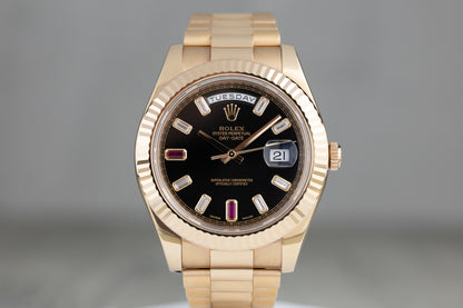 Rolex 218235 Day-Date II Rose Gold Black Ruby Diamond Dial