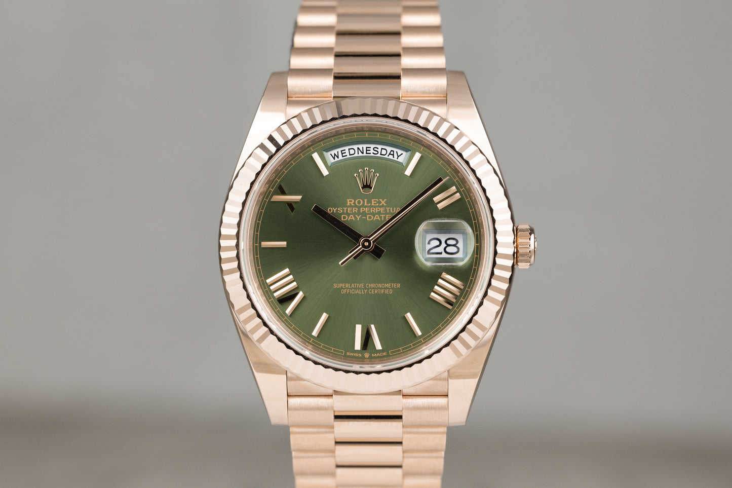 Rolex 228235 Day-Date 40 Rose Gold Olive Roman Numeral Dial