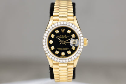 Rolex 69178 Datejust 26 Yellow Gold Presidential Bracelet Diamond Bezel Black Diamond Dial