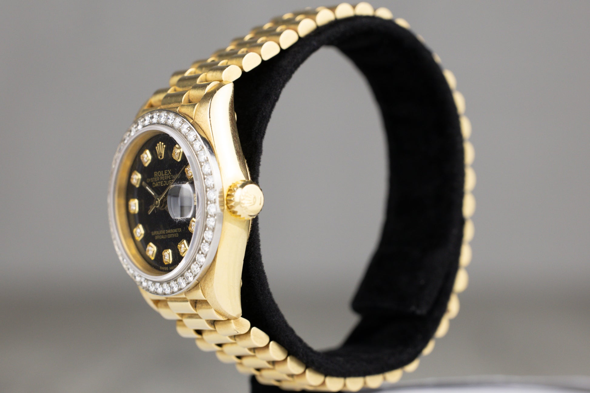 Rolex 69178 Datejust 26 Yellow Gold Presidential Bracelet Diamond Bezel Black Diamond Dial