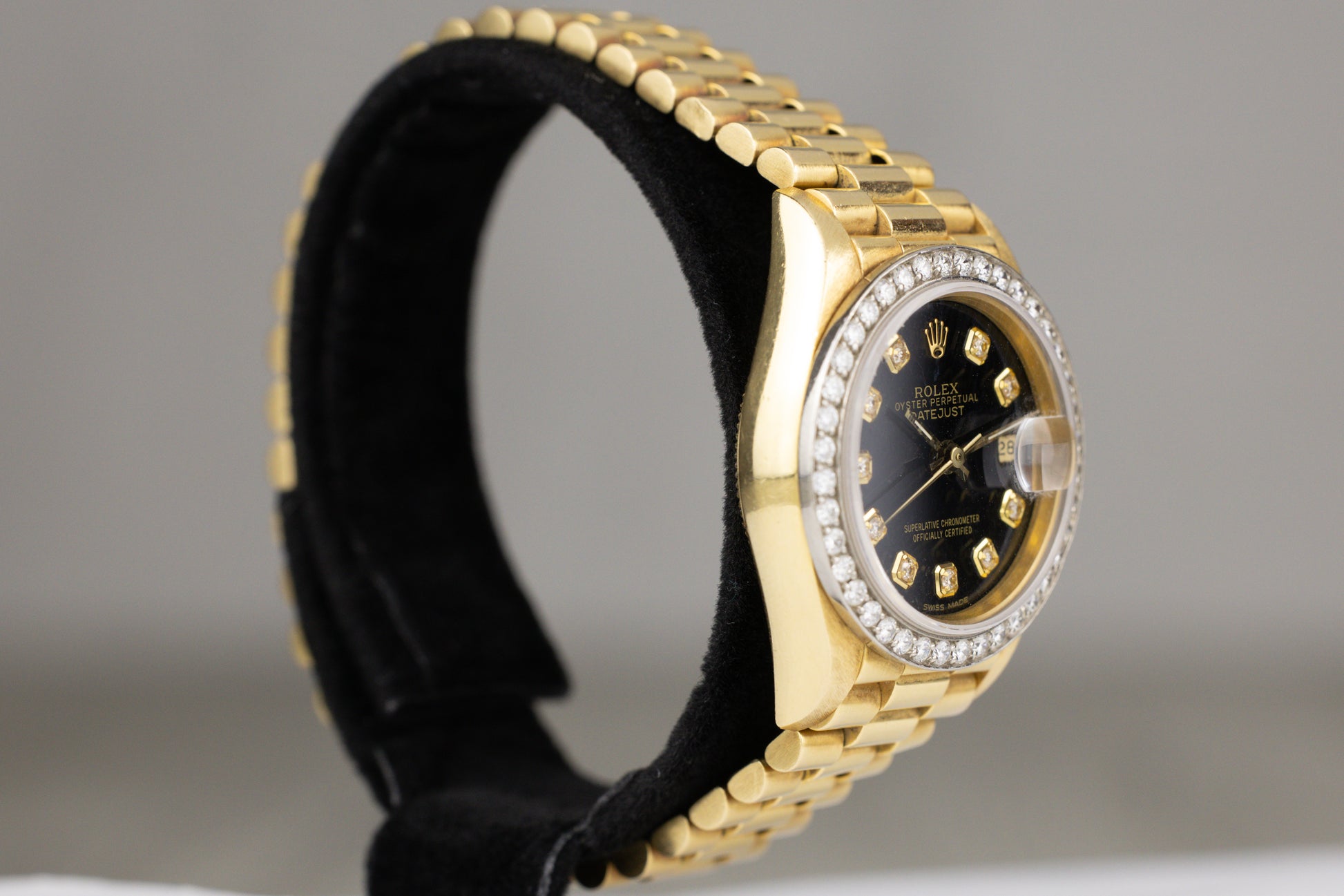 Rolex 69178 Datejust 26 Yellow Gold Presidential Bracelet Diamond Bezel Black Diamond Dial